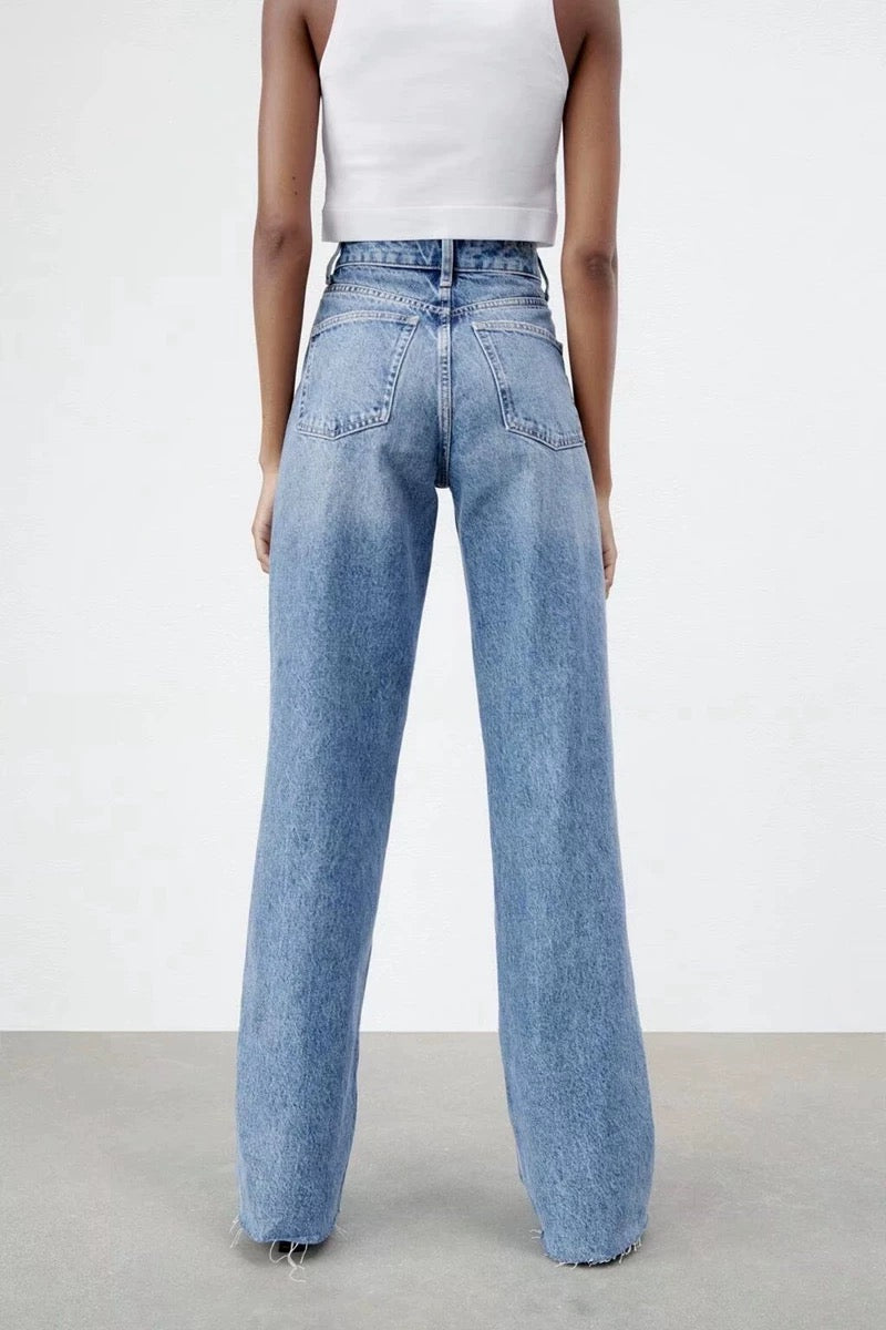 Jean large déchiré taille haute – Zara style