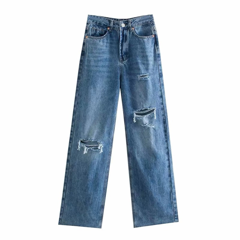 Jean large déchiré taille haute – Zara style