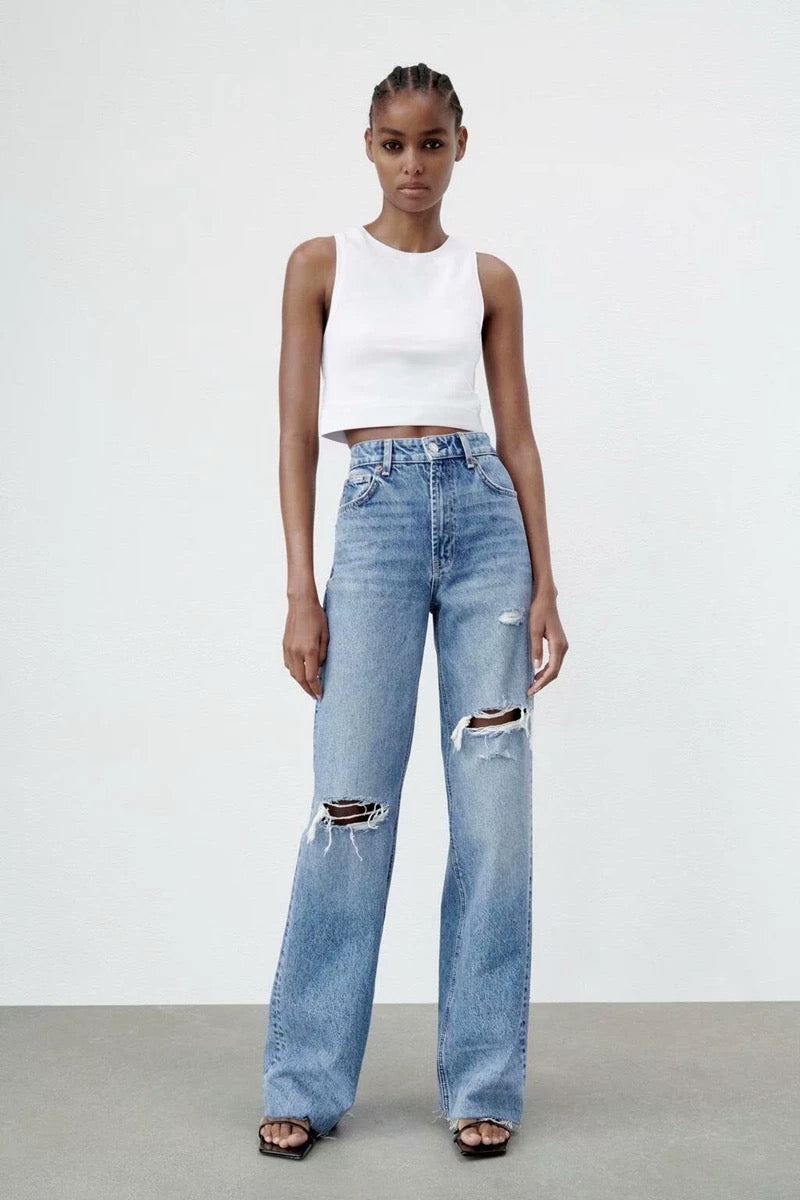 Jean large déchiré taille haute – Zara style