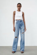 Jean large déchiré taille haute – Zara style