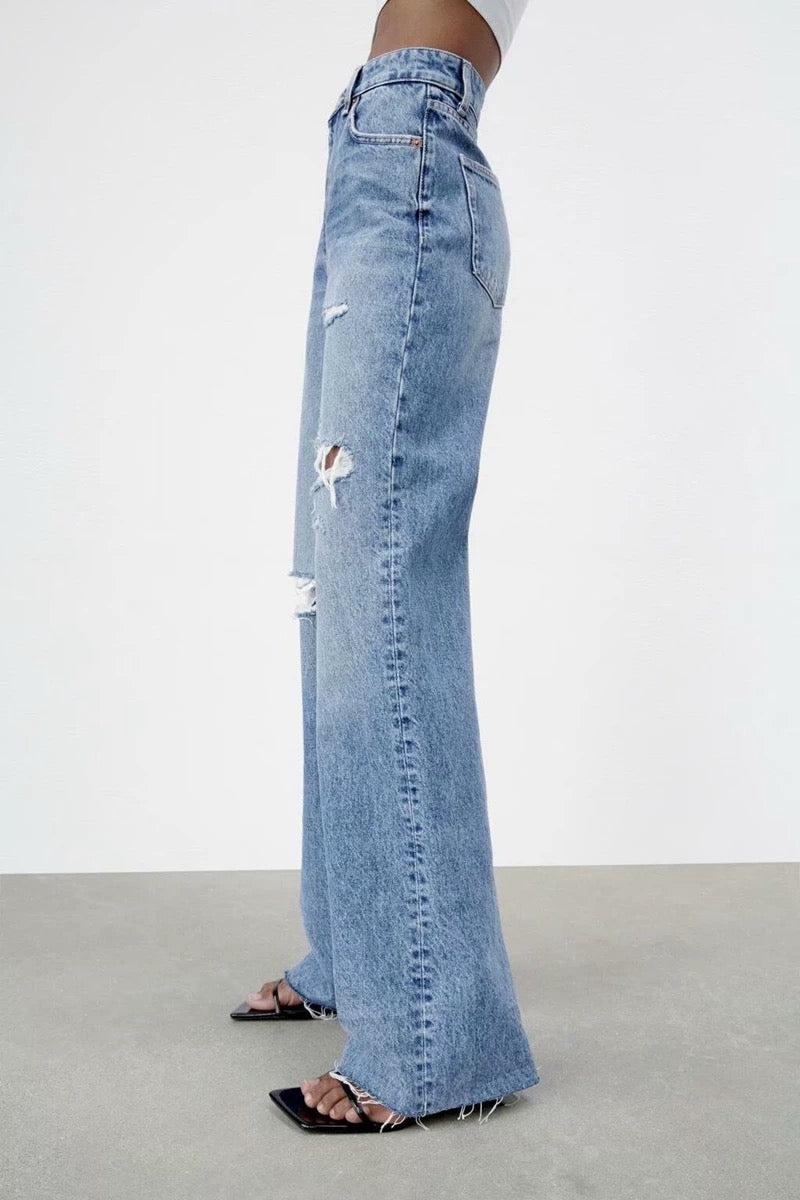 Jean large déchiré taille haute – Zara style